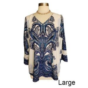 Women's Tunic Lg Lace V-Neck 3/4 Sleeve  Blouse Blue Paisley Top Large NWOT